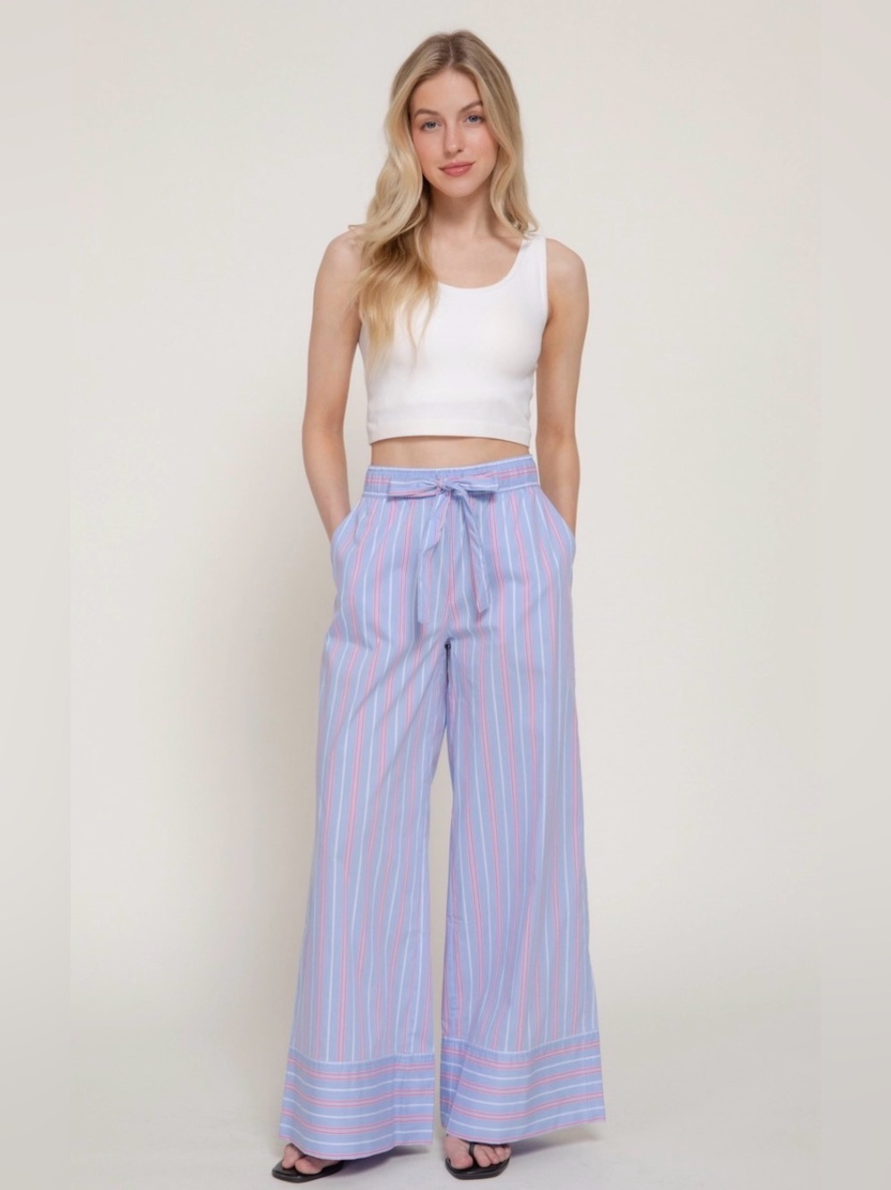 Active USA 
Elastic Waist Multi Stripe Poplin Straight Long Pants